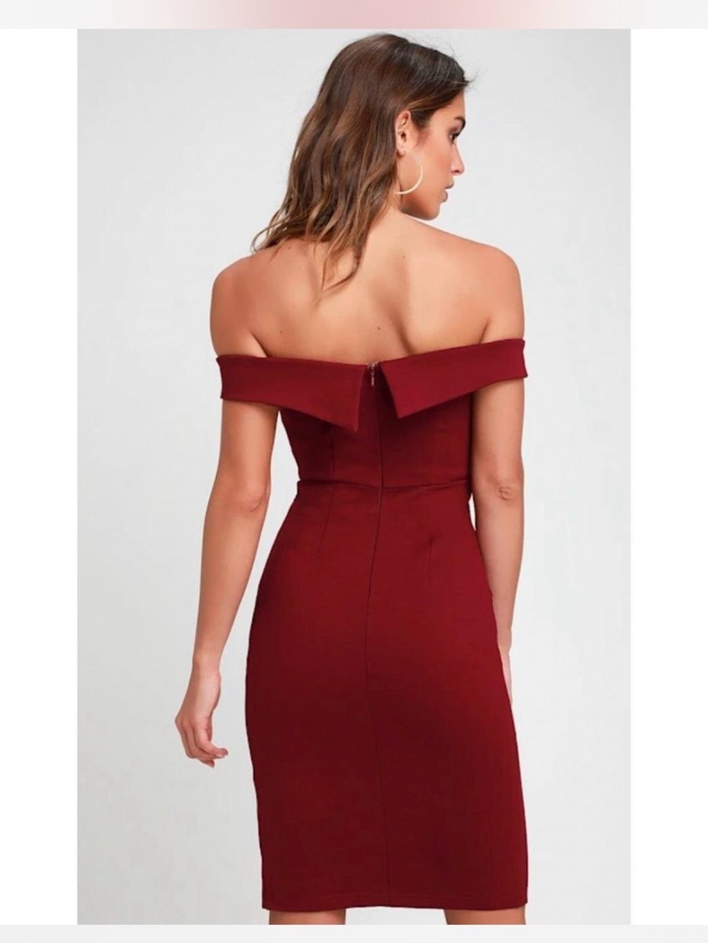 Lulu's Classic Glam Off-the-Shoulder Bodycon Slit Dress. Wine. Size Small - Picture 4 of 10